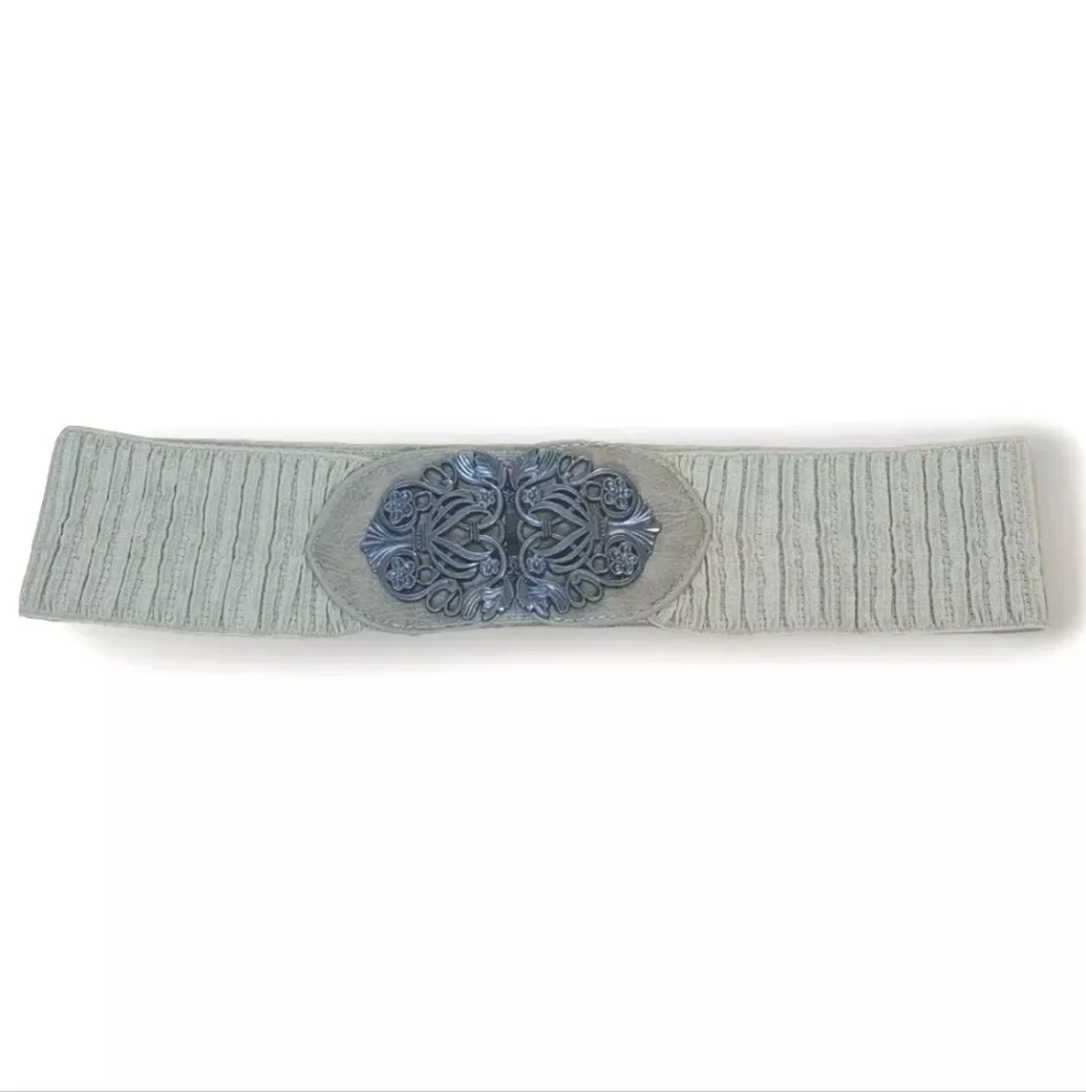 Boho Hippie Fairy Grunge Stretch Waist Belt Beige Floral Buckle Southwestern M/L